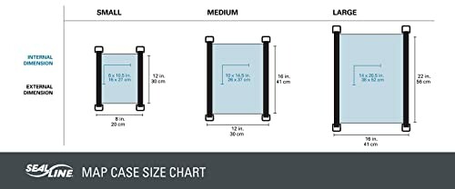 Sealline map case size chart showing dimensions for small, medium, and large cases.