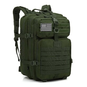 Green tactical military backpack with American flag patch.