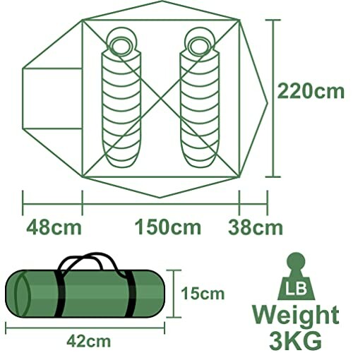 Diagram showing tent dimensions and packaging details.