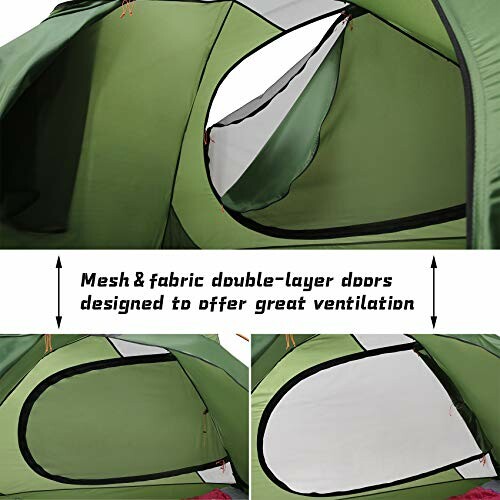 Green tent with mesh and fabric double-layer doors for ventilation.