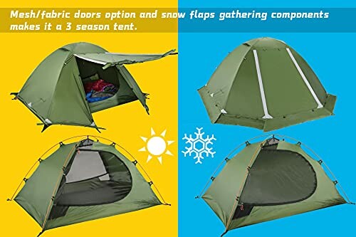 Three-season tent with mesh and fabric doors, snow flaps, and sleeping setup.