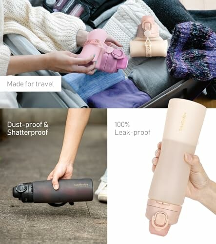 Collage of travel-friendly, dust-proof, shatterproof, and leak-proof water bottles.