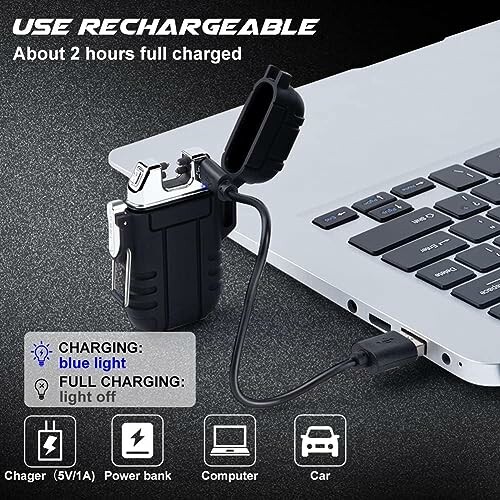 USB rechargeable lighter connected to a laptop for charging.