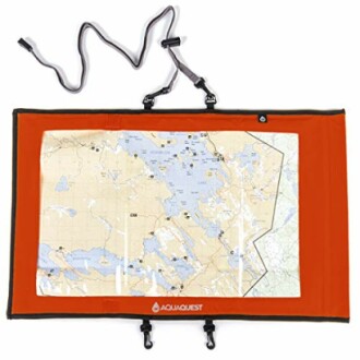 Waterproof map case with a map inside and adjustable strap.