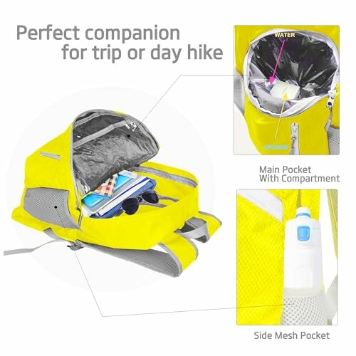 Yellow backpack with main compartment and side mesh pocket, suitable for trips or day hikes.